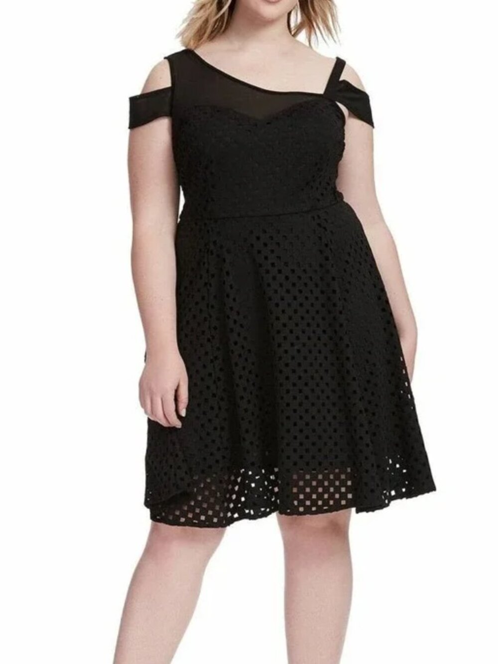 Dress 4X Black Skater Fit & Flare Laser Cut Mesh Asymmetric Neckline Plus Size